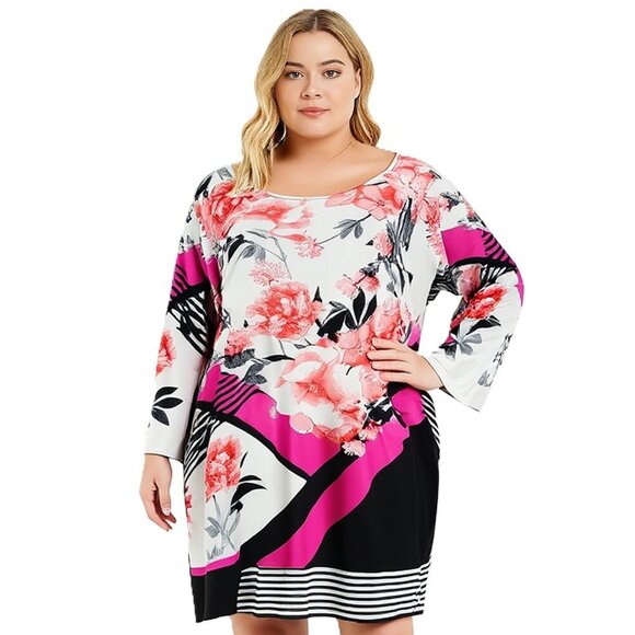 Alfani Dresses & Skirts - Alfani Floral Print Mini Dress Pink Red Black White Long Sleeve Zip Back Size 2X
